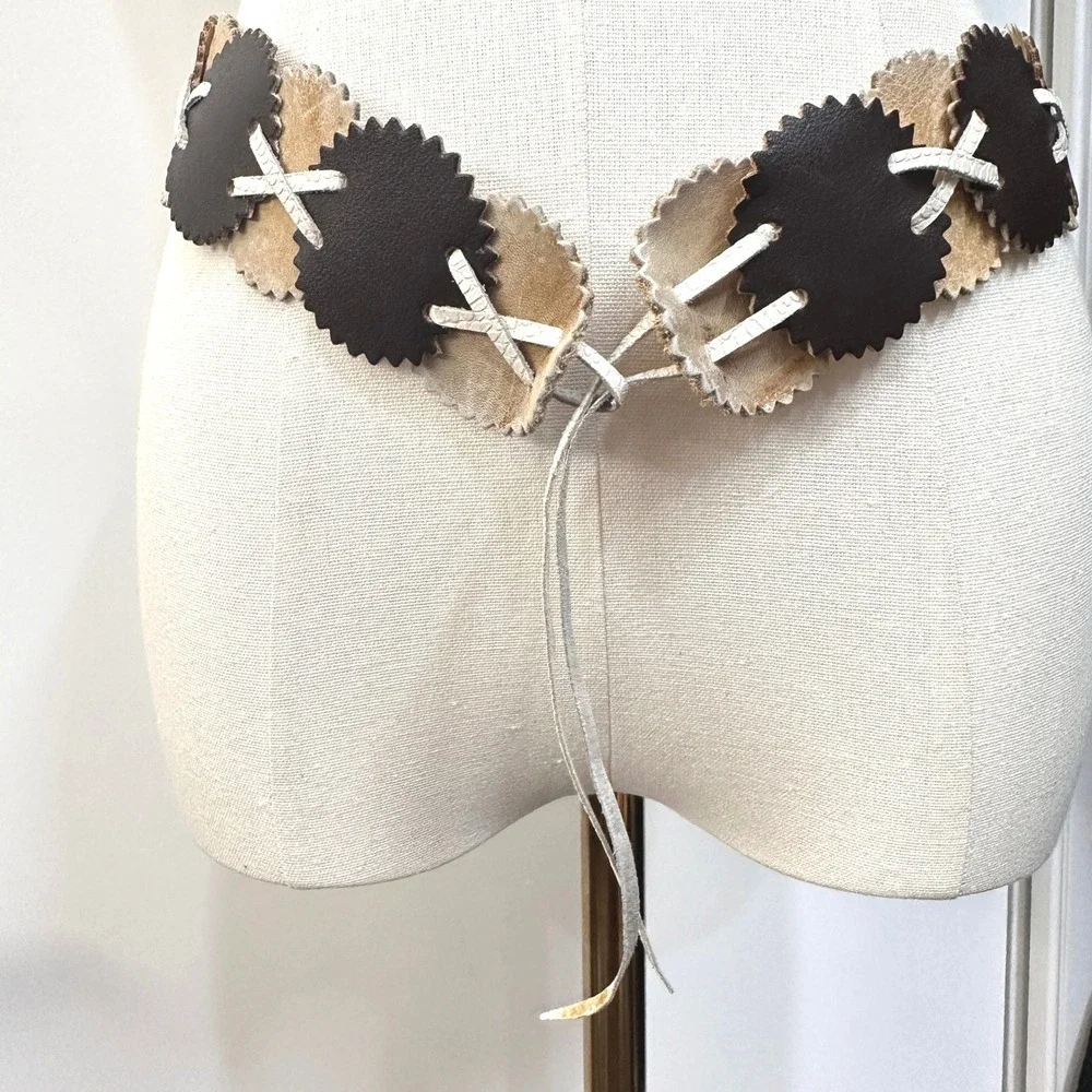 Vintage 1970s Leather Disc Belt Boho Hippie Festival Tie Waist Belt Earth Tones